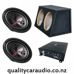 Dual JVC CW-DR124 12" 1800W Subwoofer & SoundMagus CS1200.1 2000W Max Mono Channel Amplifier with Dual 12" Subbox
