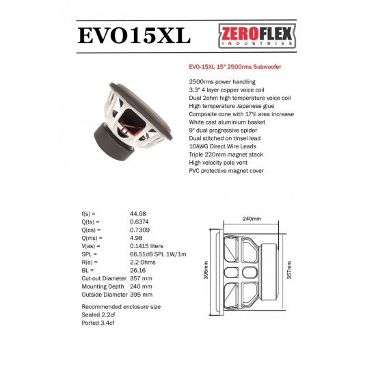 ZeroFlex EVO-15XL 15" 2500W RMS Dual 2 ohm Voice Coil Car Subwoofer